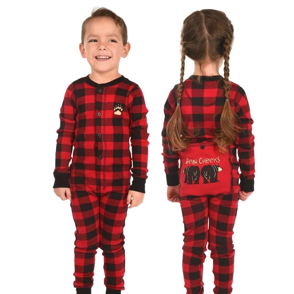 Lazy One Toddler Unisex Bear Cheek Flapjacks Pajamas in Red and Black size 2T
